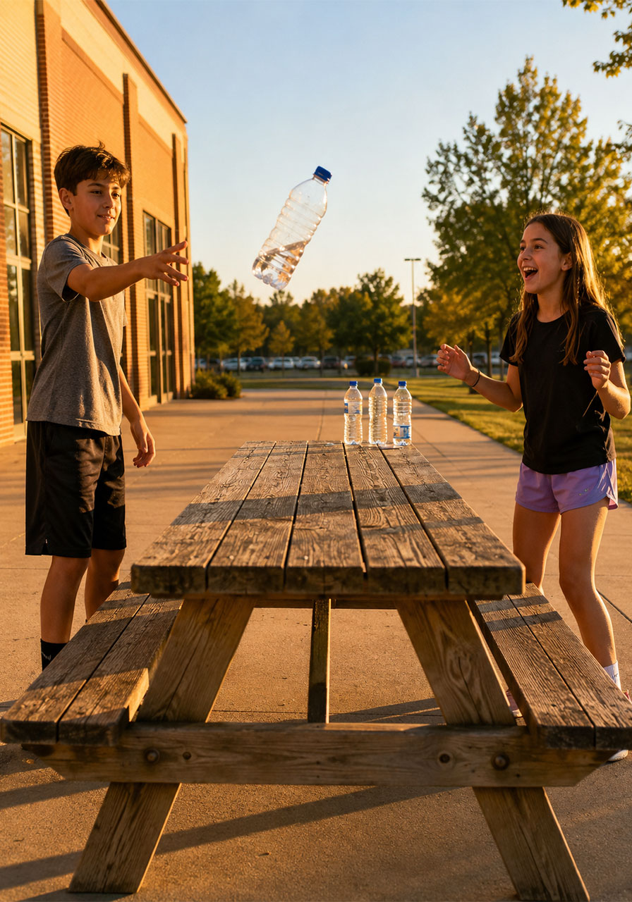Kids doing bottle flip STEM challenge outdoors on picnic table