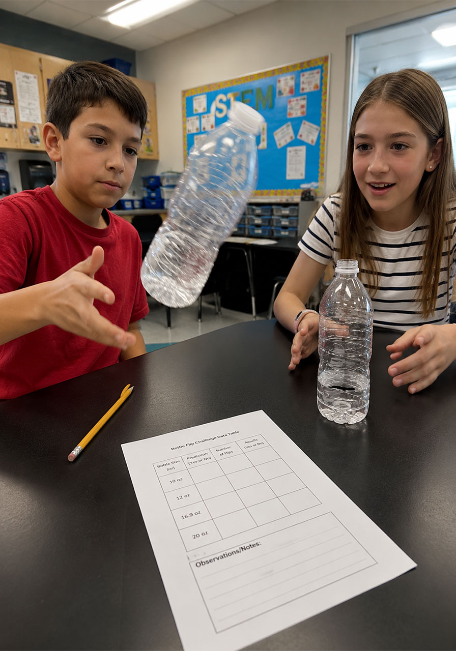 Elementary students flipping water bottles during STEM classroom challenge