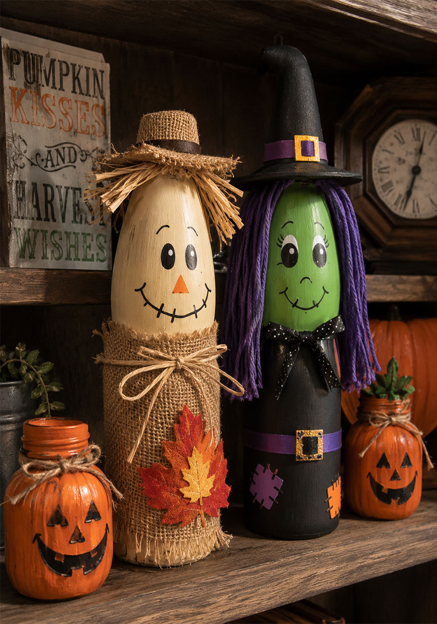 DIY bottle scarecrow and witch Halloween fall craft