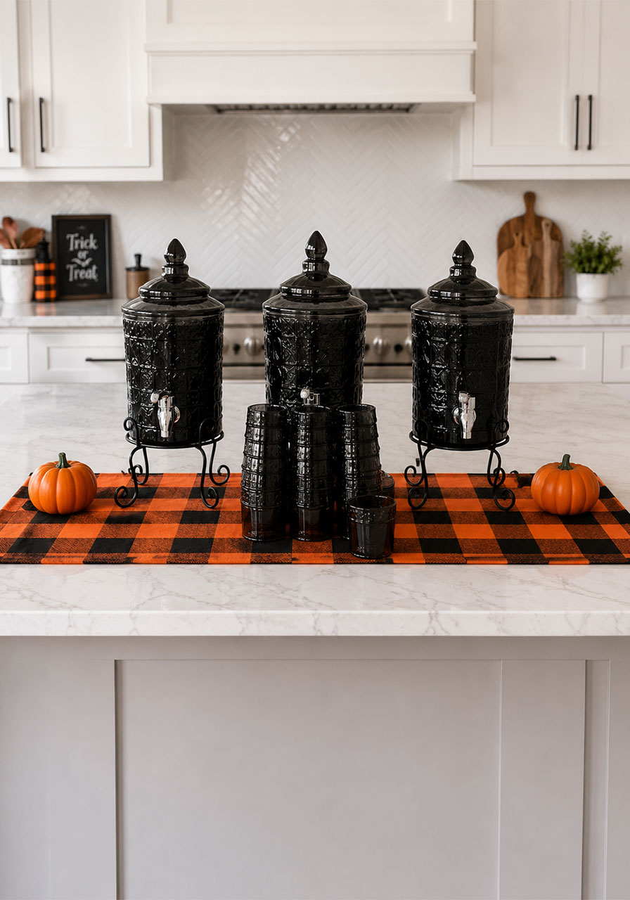 Orange and black buffalo check table runner styled as a Halloween drink station on a kitchen island