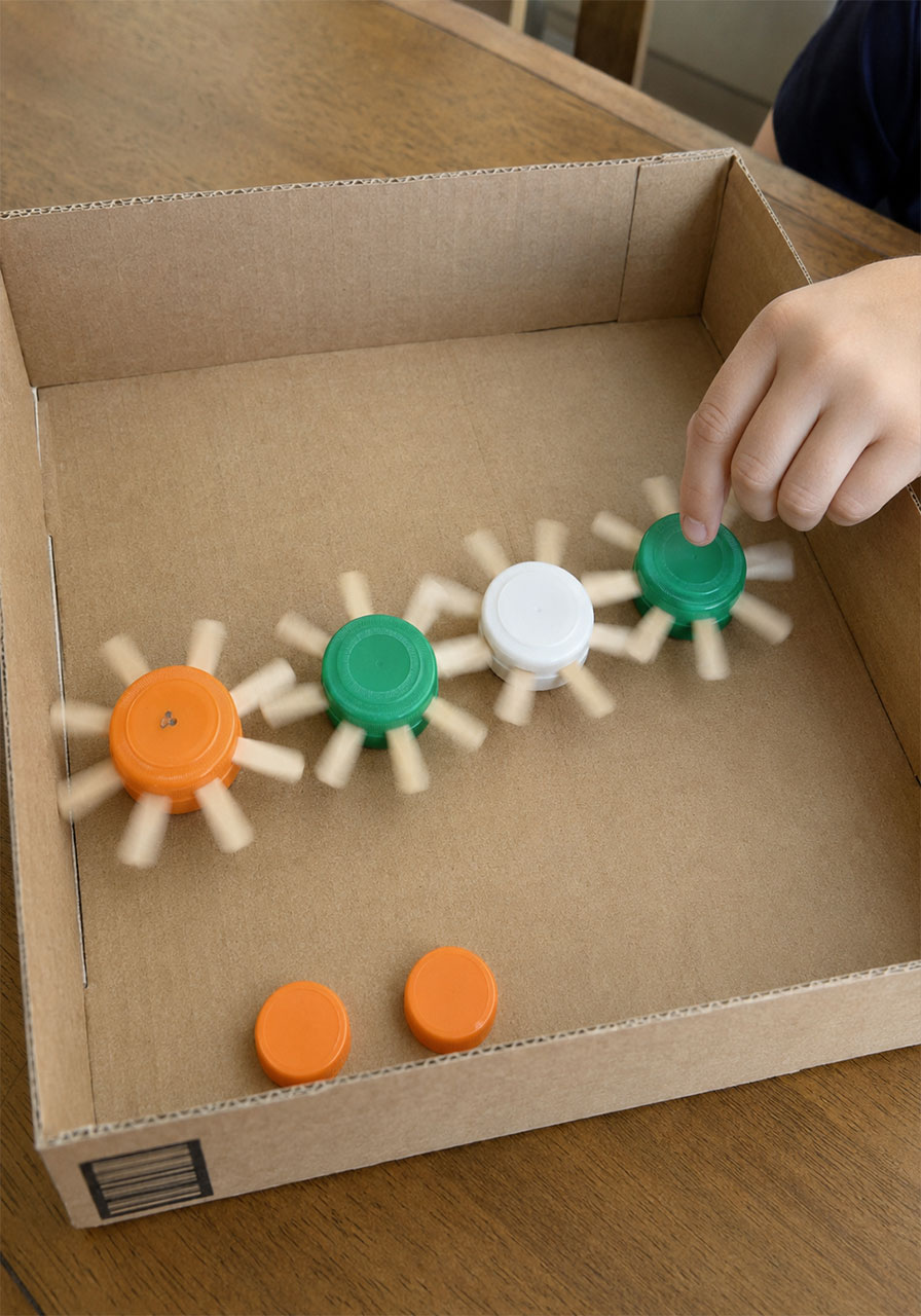 Kids STEM activity showing working gears built from popsicle sticks and bottle caps meshed together in a cardboard box