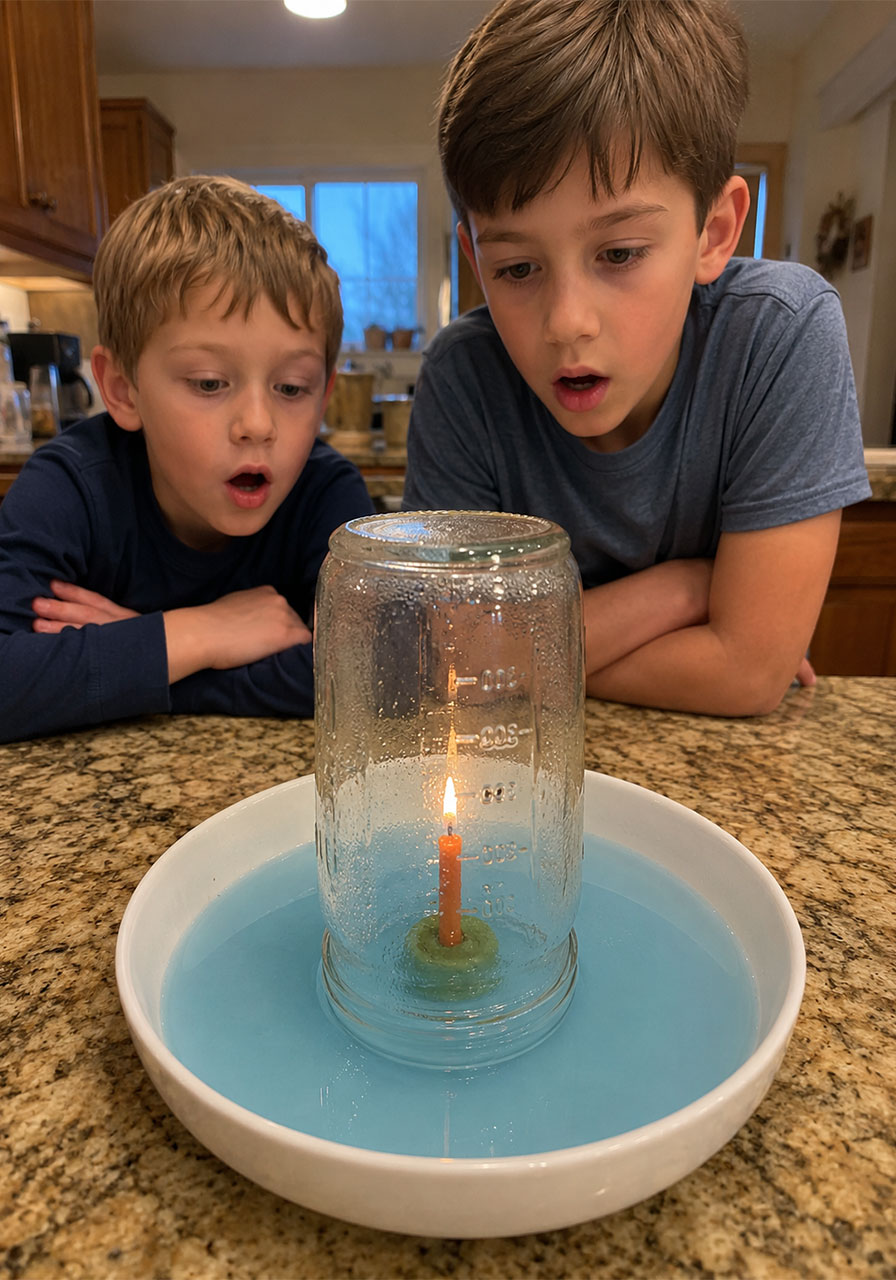 Two kids watching the burning candle in water experiment as flame burns inside glass jar