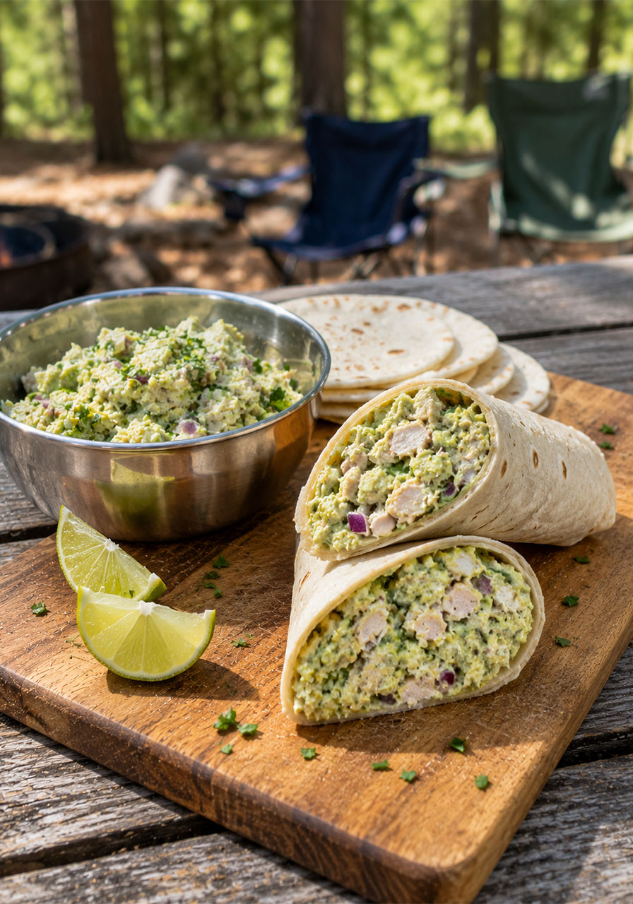 Avocado chicken salad wrap sliced in half showing creamy filling for camping lunch