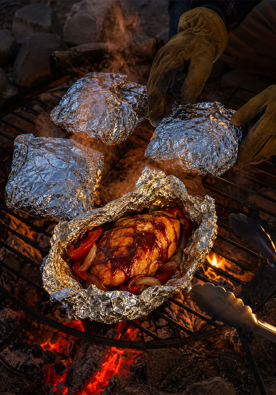 BBQ chicken foil packet with peppers and onions cooking over campfire coals