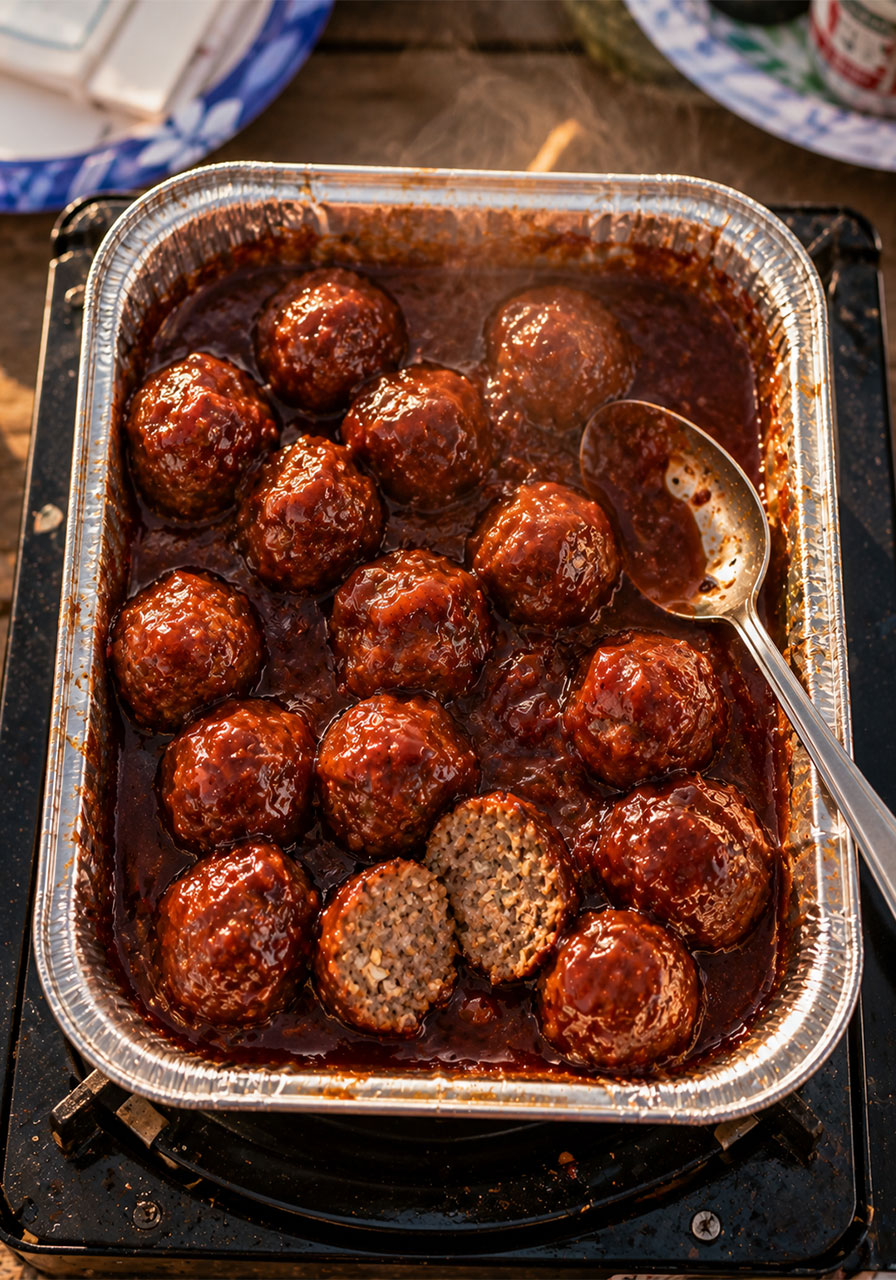 Glossy BBQ meatballs reheated in sauce over a camp stove