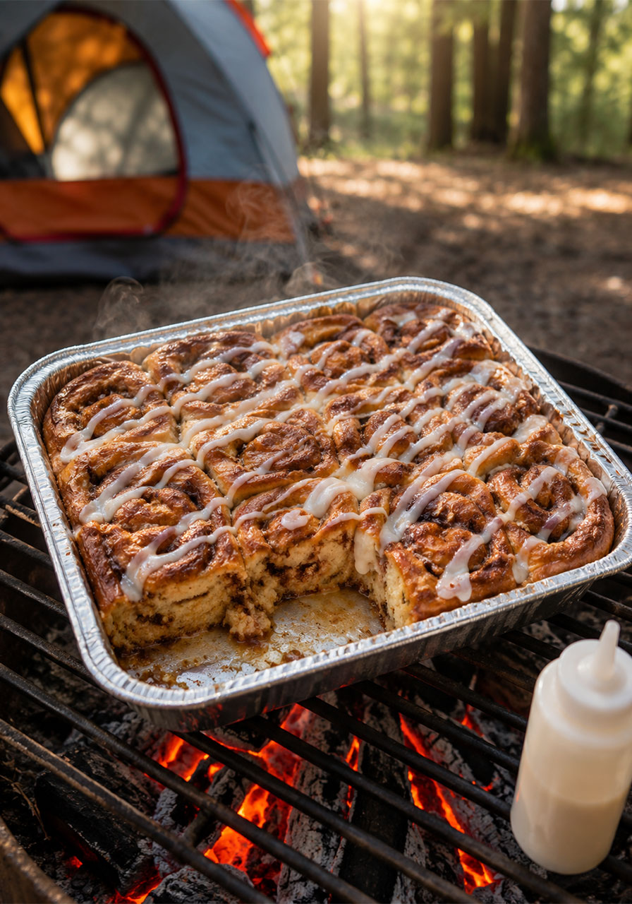 Warm cinnamon roll casserole with icing drizzle reheated over a campfire