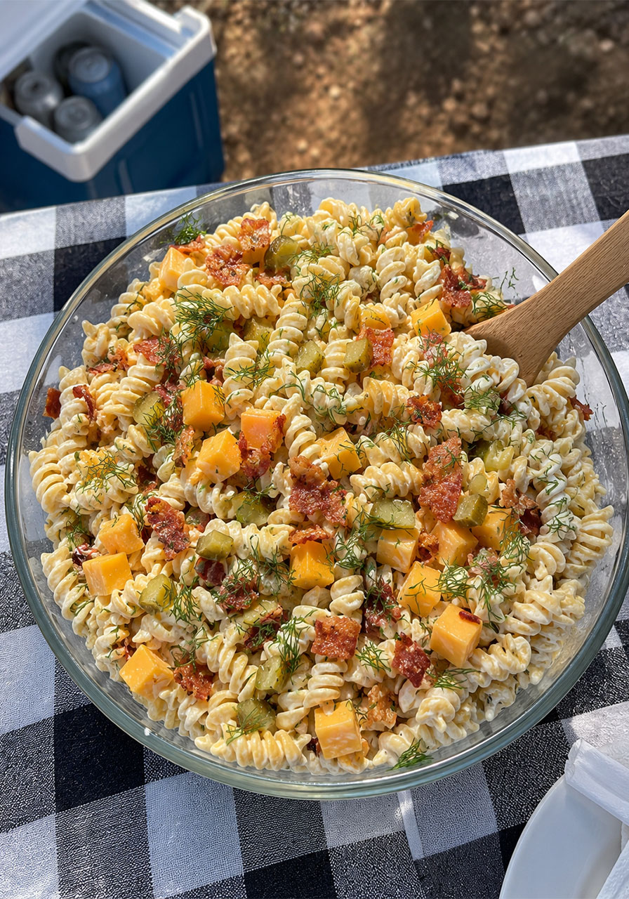 Creamy dill pickle bacon ranch pasta salad served cold at a campsite picnic
