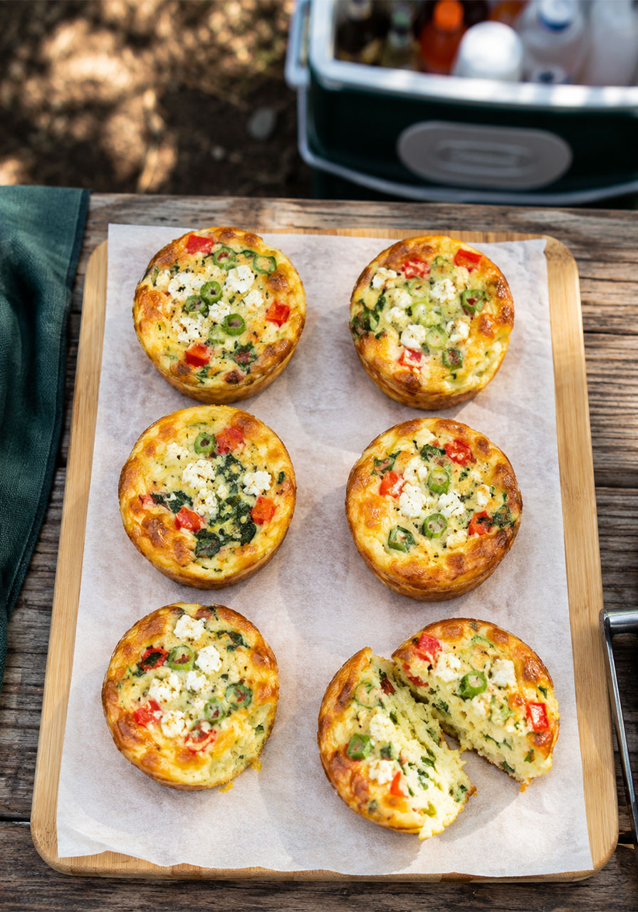 Make-ahead egg frittata bites with feta and vegetables for camping breakfast