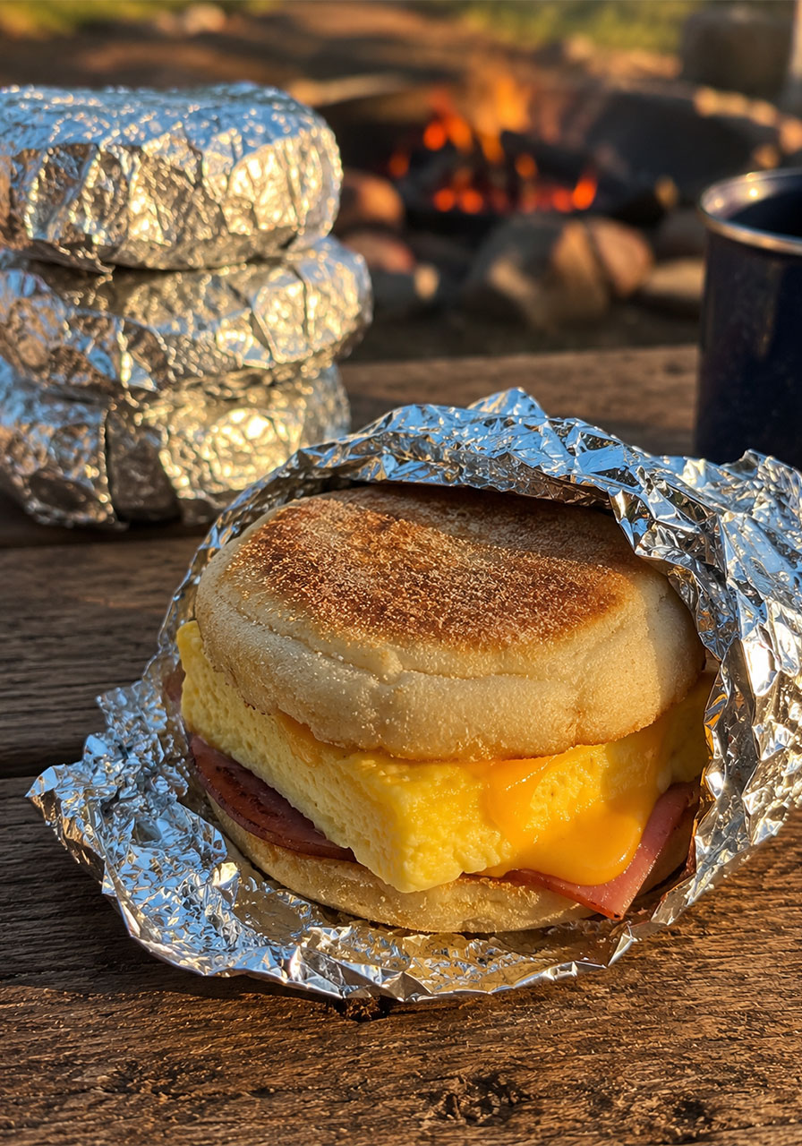 Foil-wrapped freezer breakfast sandwich with egg, cheese and ham reheated at camp