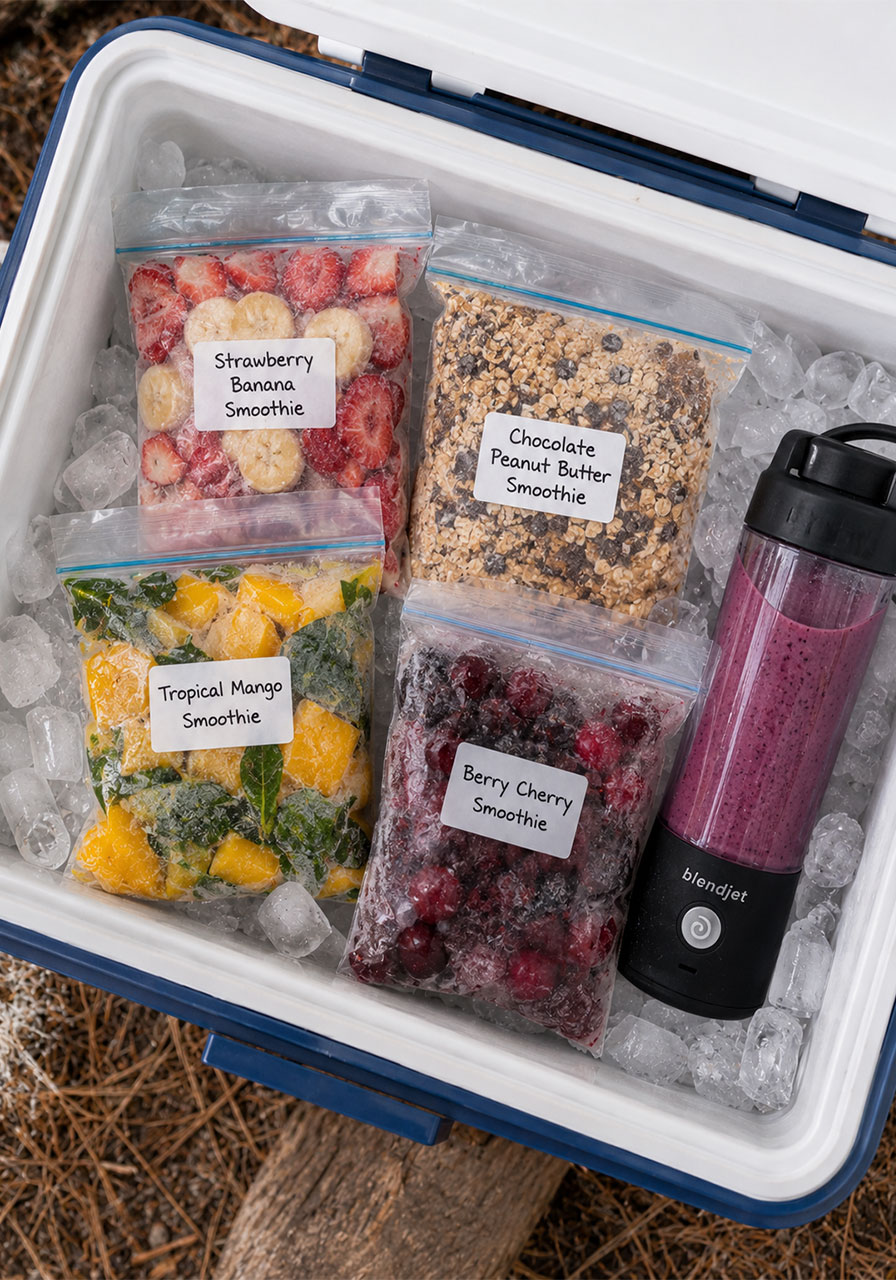DIY frozen smoothie packs in labeled freezer bags packed inside a camping cooler