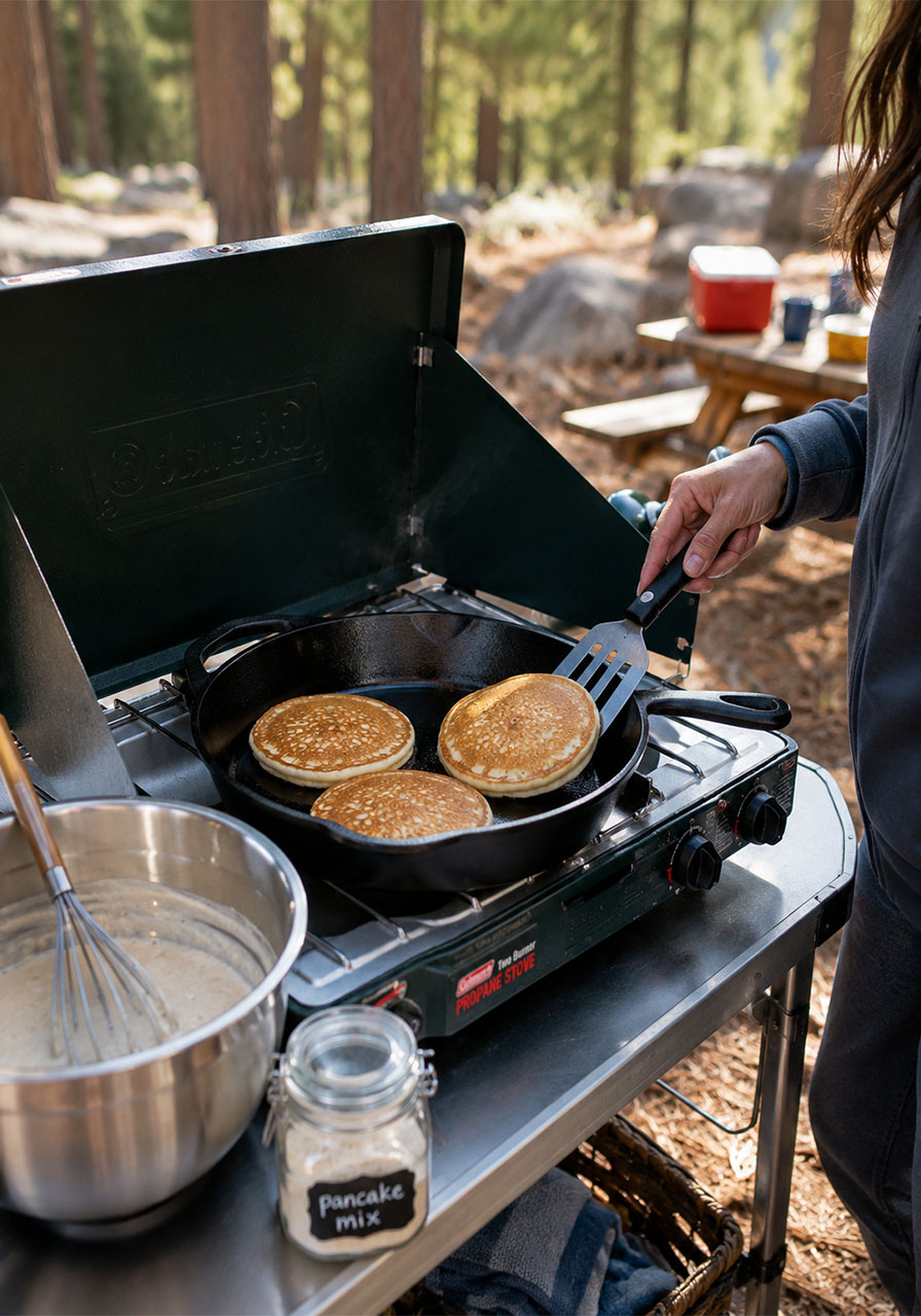 Fluffy Greek yogurt pancakes cooking on a cast iron skillet over a camp stove