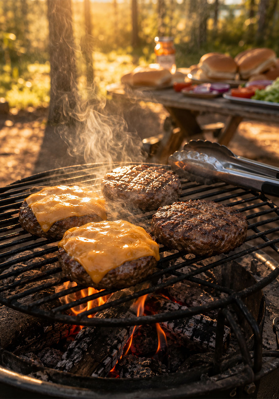 Juicy beef burgers with melted cheddar grilling over a campfire grate