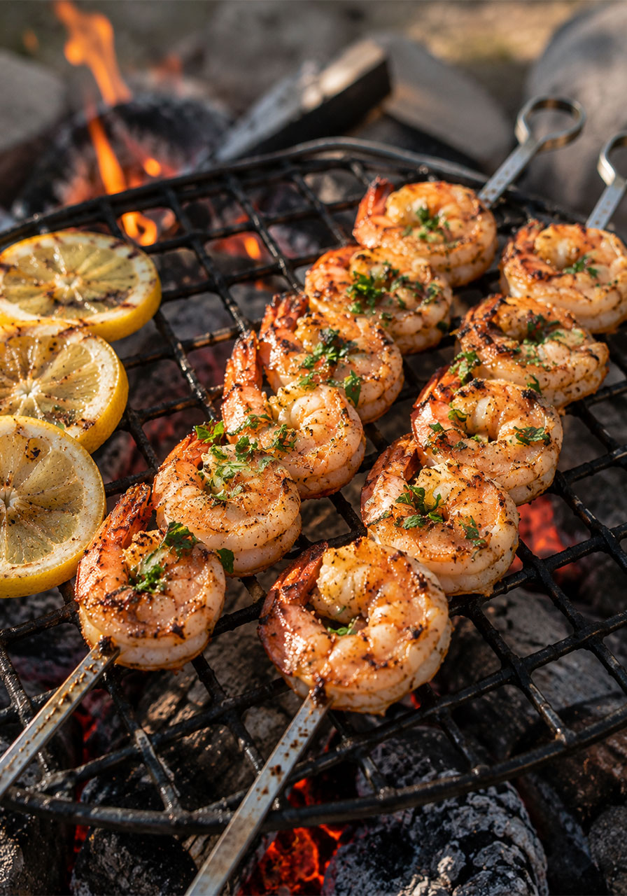 Lemon herb grilled shrimp skewers cooking over a campfire grill grate