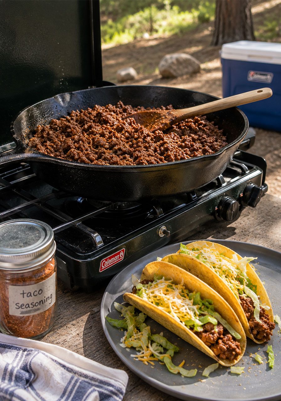 Seasoned ground beef tacos cooked on a camp stove skillet with fresh toppings