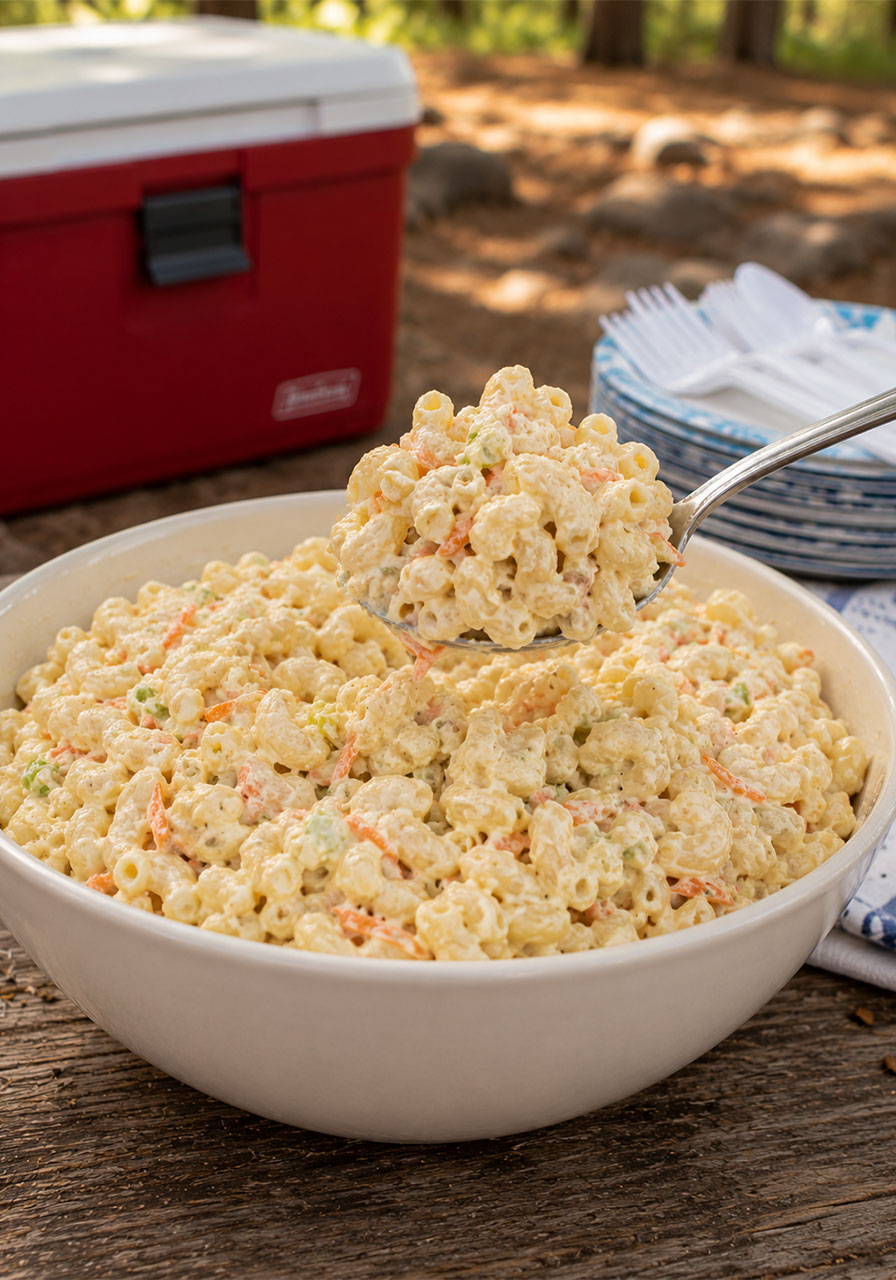 Creamy Hawaiian macaroni salad with shredded carrots served at a campsite