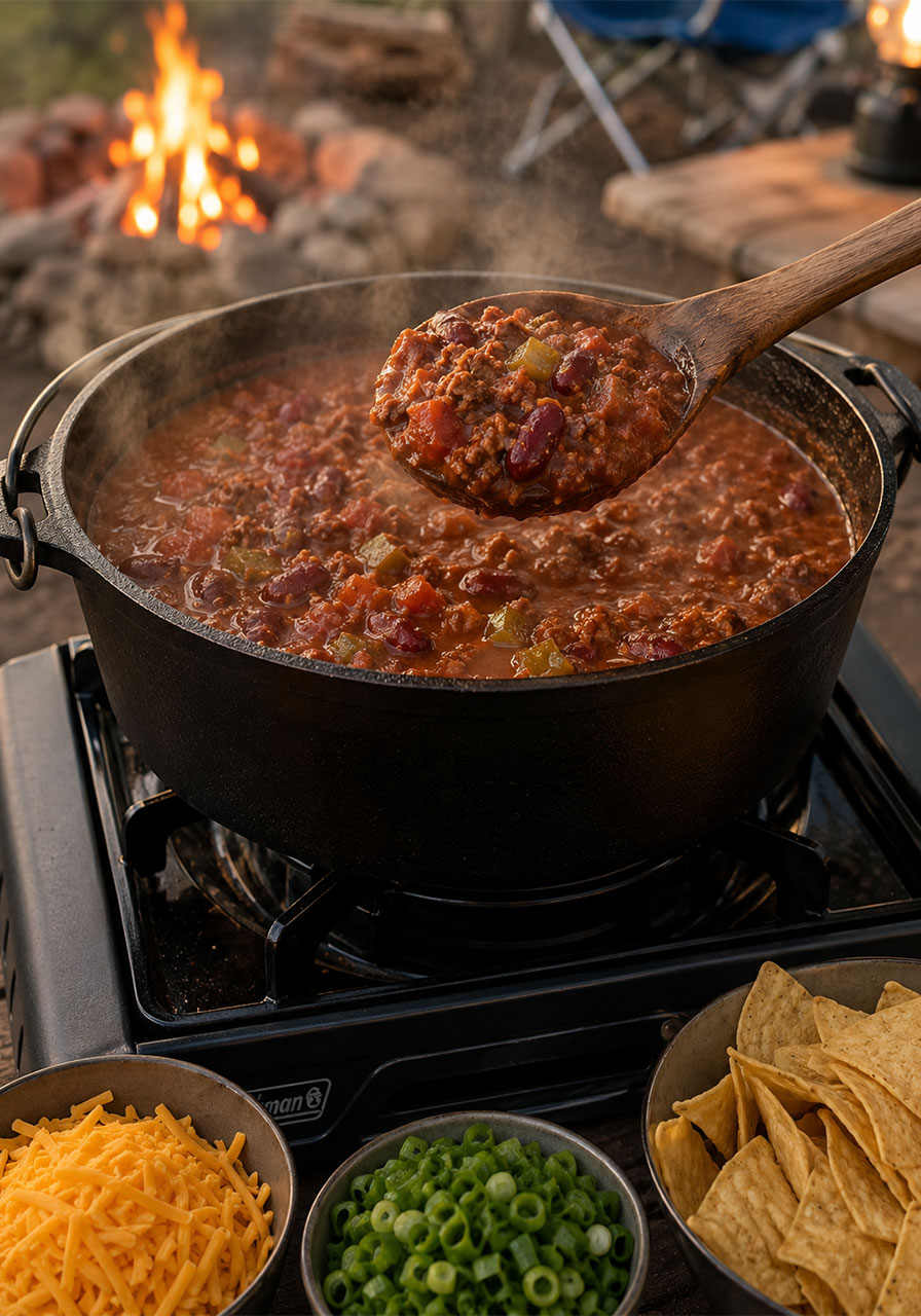 Thick ground beef chili simmering in a Dutch oven at a campsite