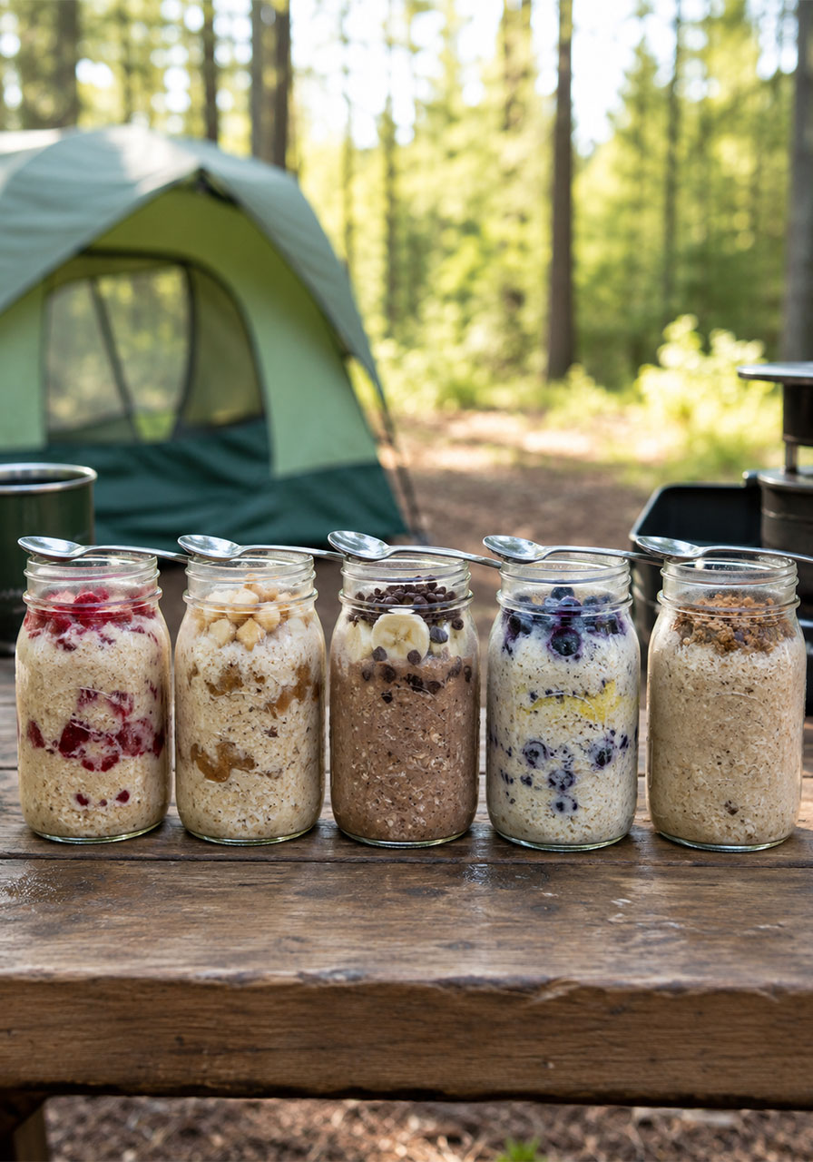 Five flavors of make-ahead overnight oats in mason jars for camping breakfast