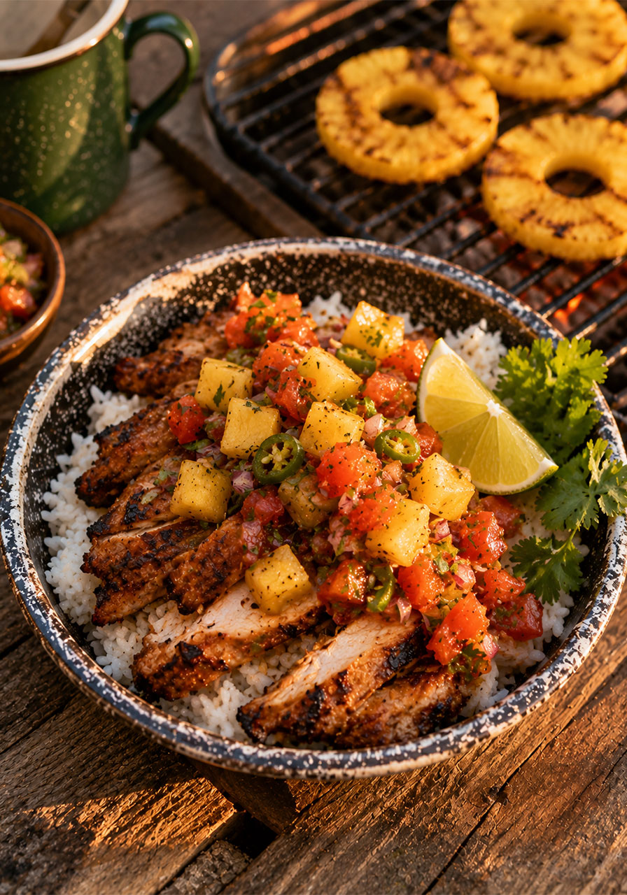 Grilled pineapple chicken and rice bowl topped with fresh salsa at a campsite