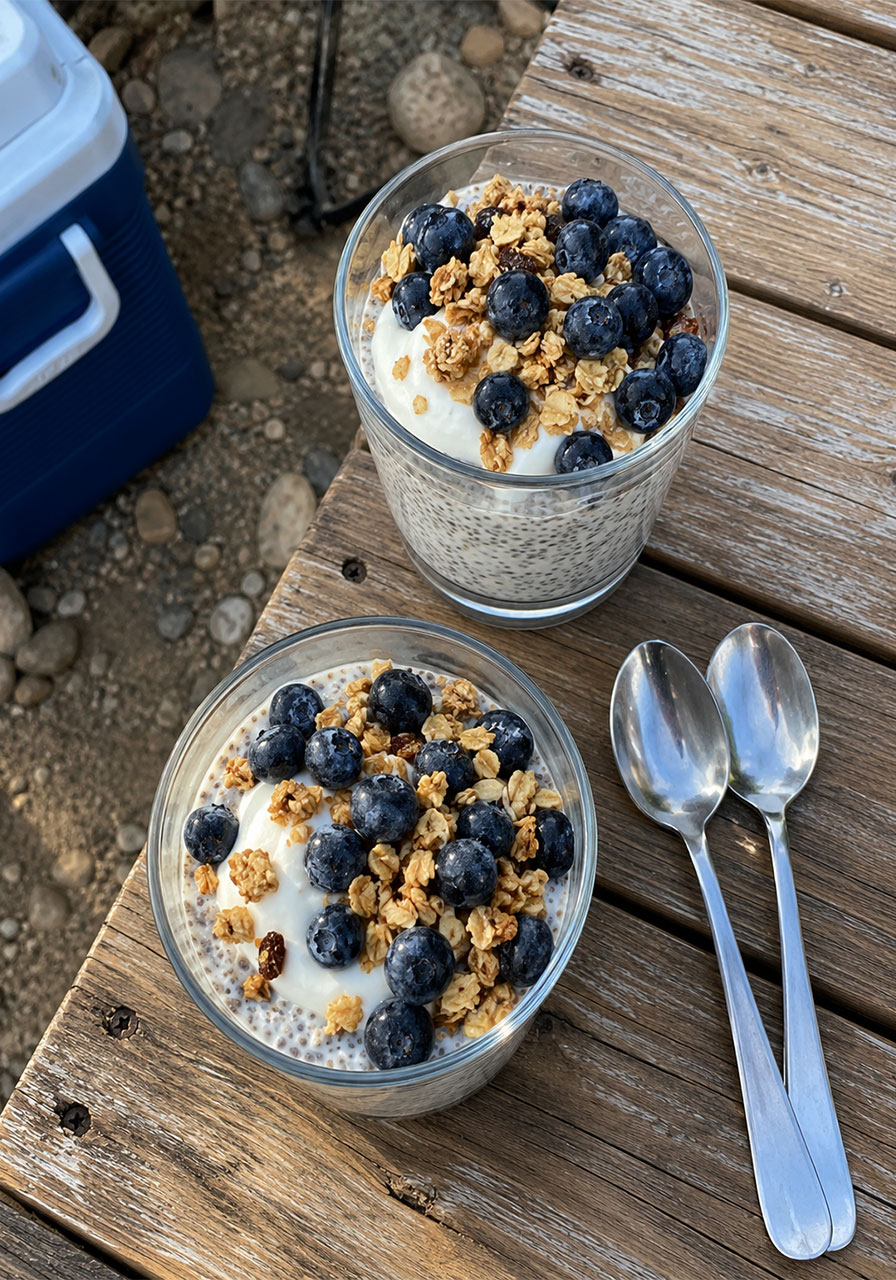 Protein chia pudding topped with Greek yogurt, blueberries and granola for camping