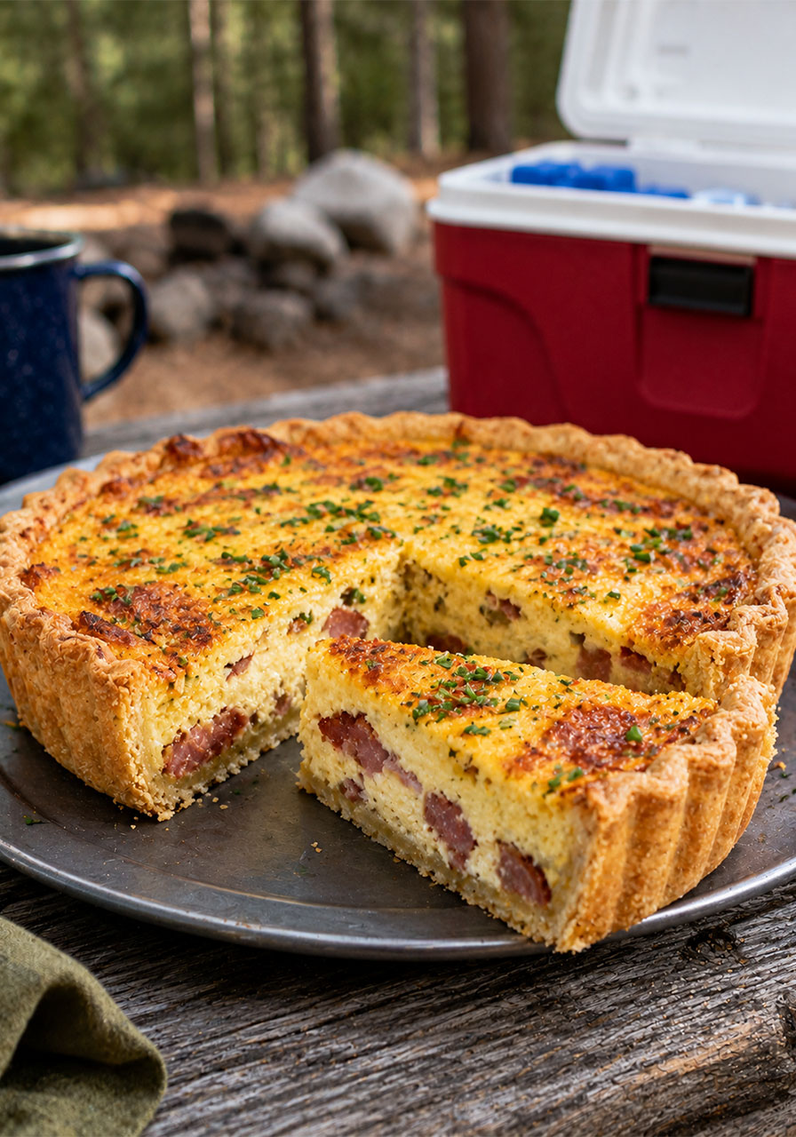 Sliced bacon and Gruyère quiche Lorraine served cold at a campsite picnic table