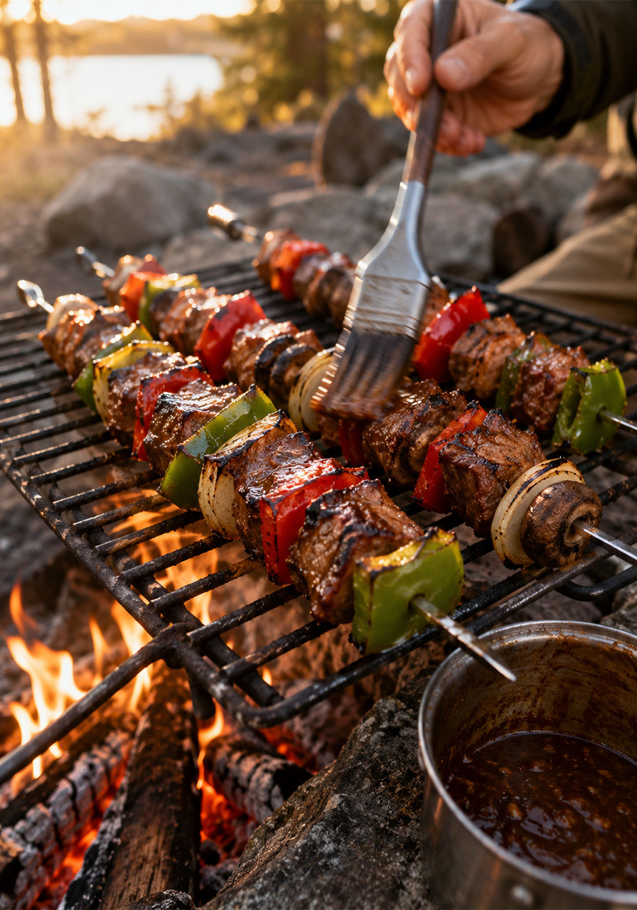 Marinated beef and vegetable shish kabobs grilling over an open campfire