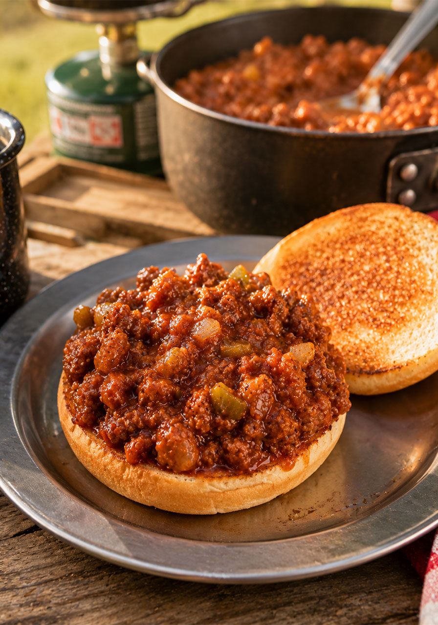Homemade sloppy joe sandwich piled high on a toasted bun at a campsite