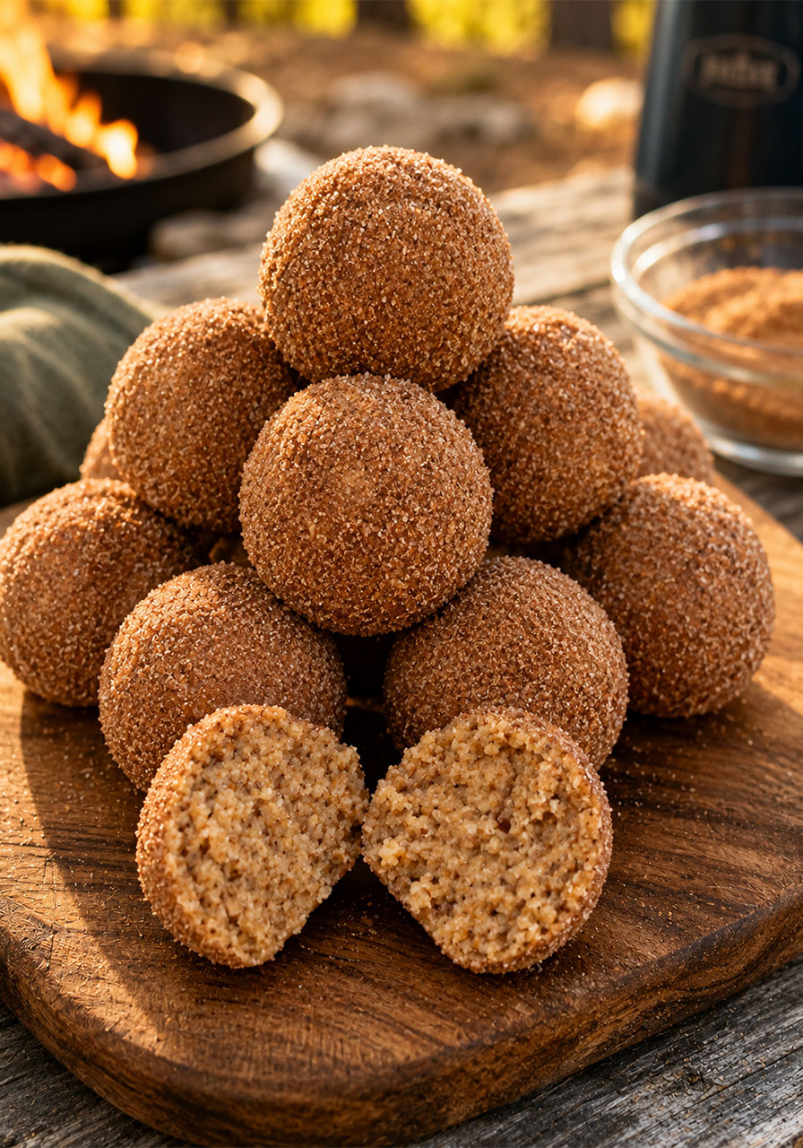 No-bake snickerdoodle protein balls coated in cinnamon sugar for camping snacks