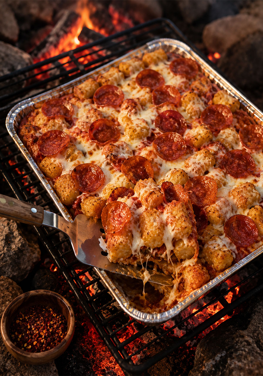 Cheesy tater tot pizza casserole with pepperoni reheated over a campfire
