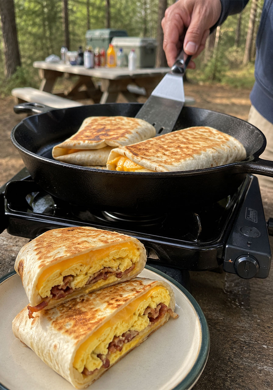 Toasted bacon egg and cheese wake up wraps cooked on a camp stove skillet