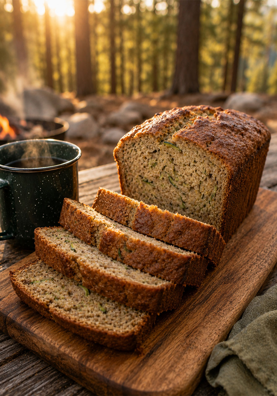 Sliced zucchini banana bread loaf served at a campsite with coffee