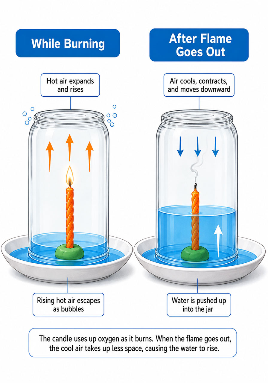 Diagram explaining the air pressure science behind the burning candle water experiment