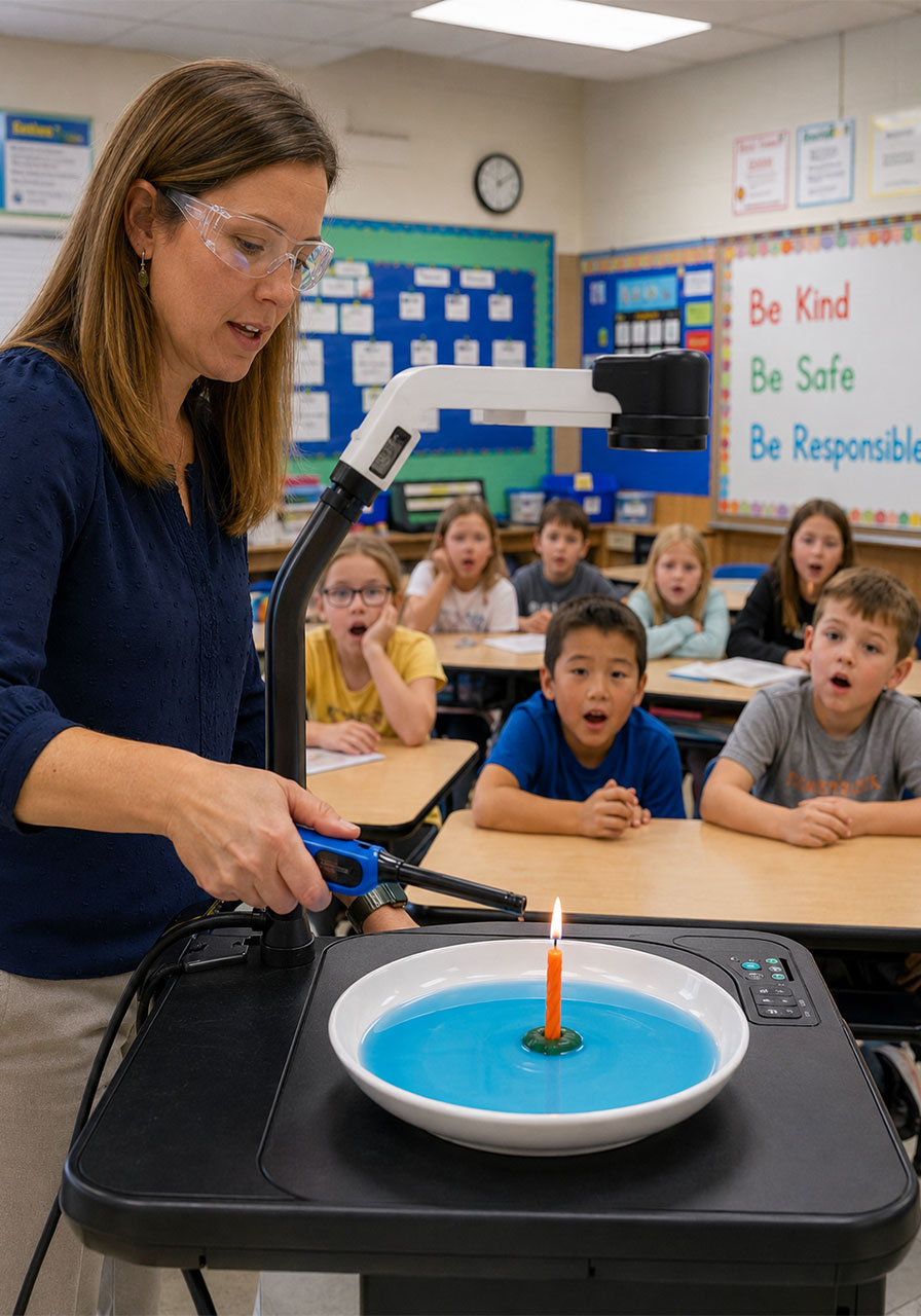 Teacher demonstrating the burning candle water experiment as a classroom STEM activity