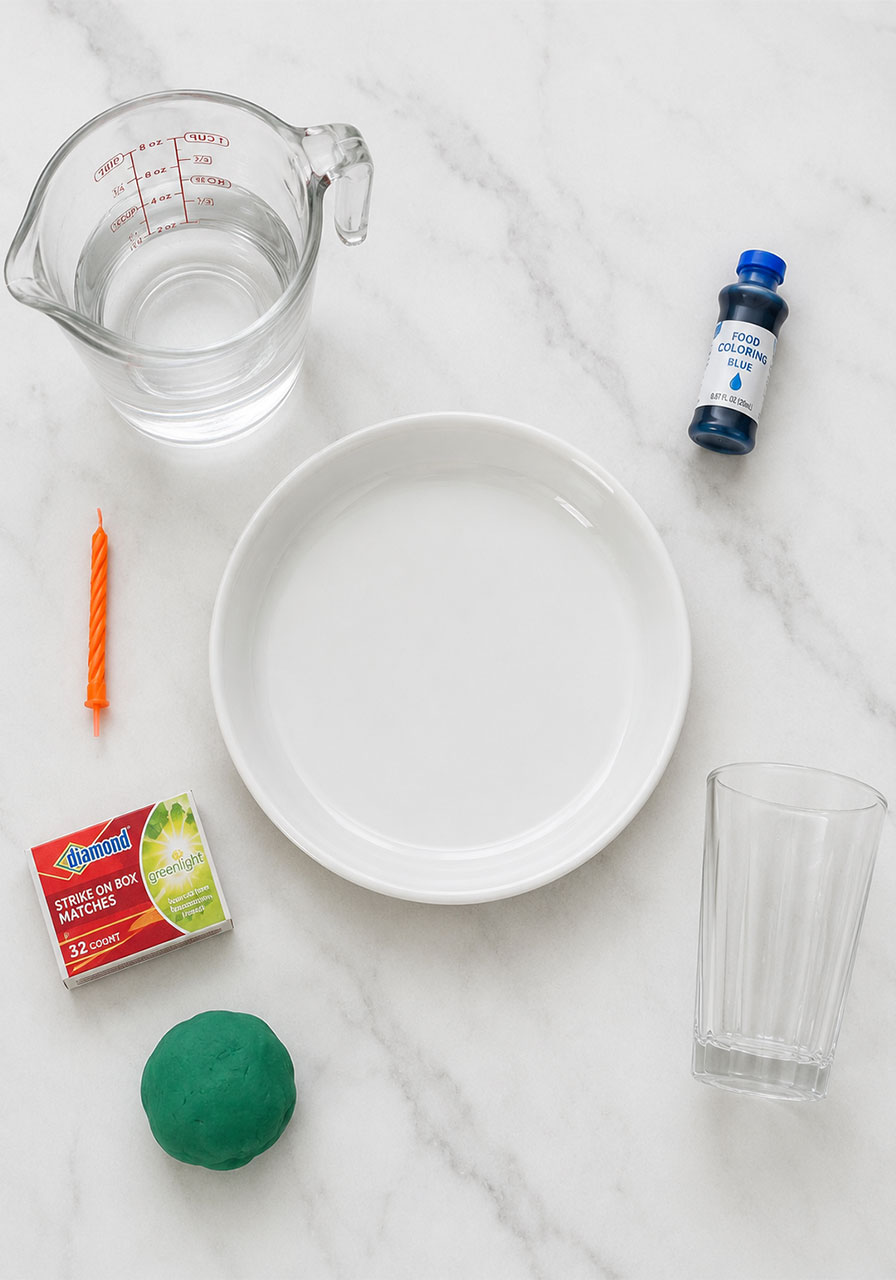 Materials needed for the burning candle in water science experiment laid out flat