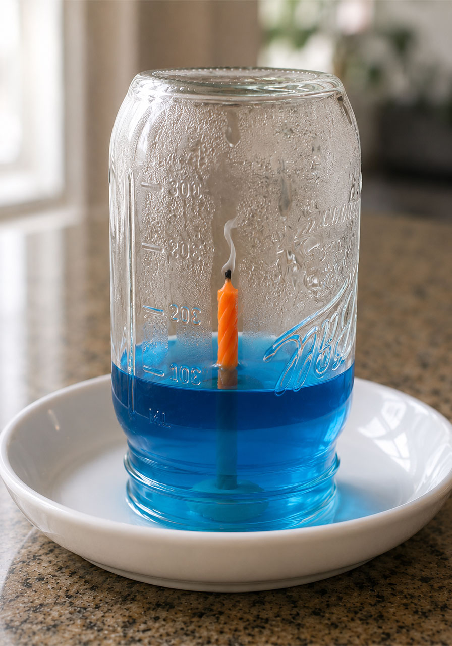 The rising water result after the candle flame goes out inside the glass jar