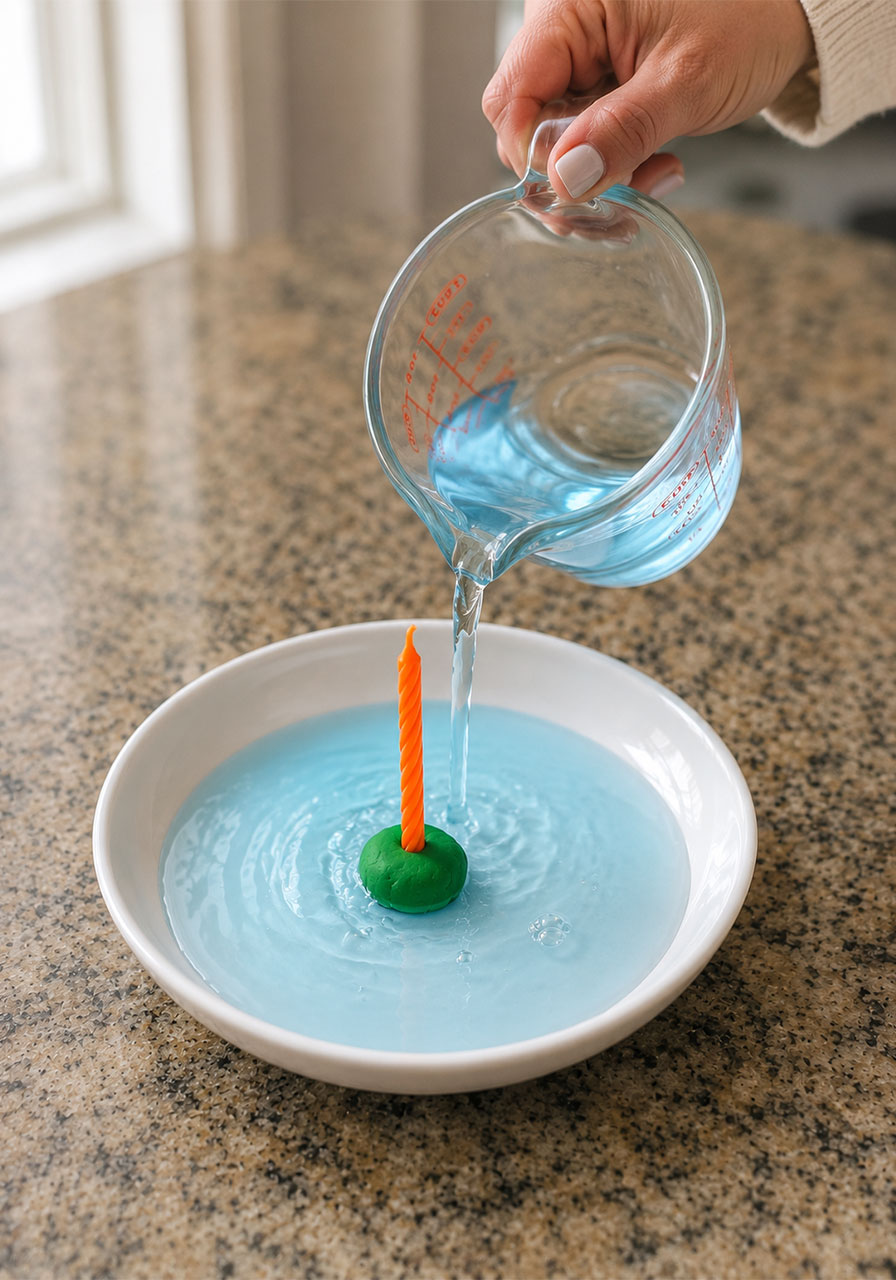 Pouring blue food-colored water into plate before lighting the candle