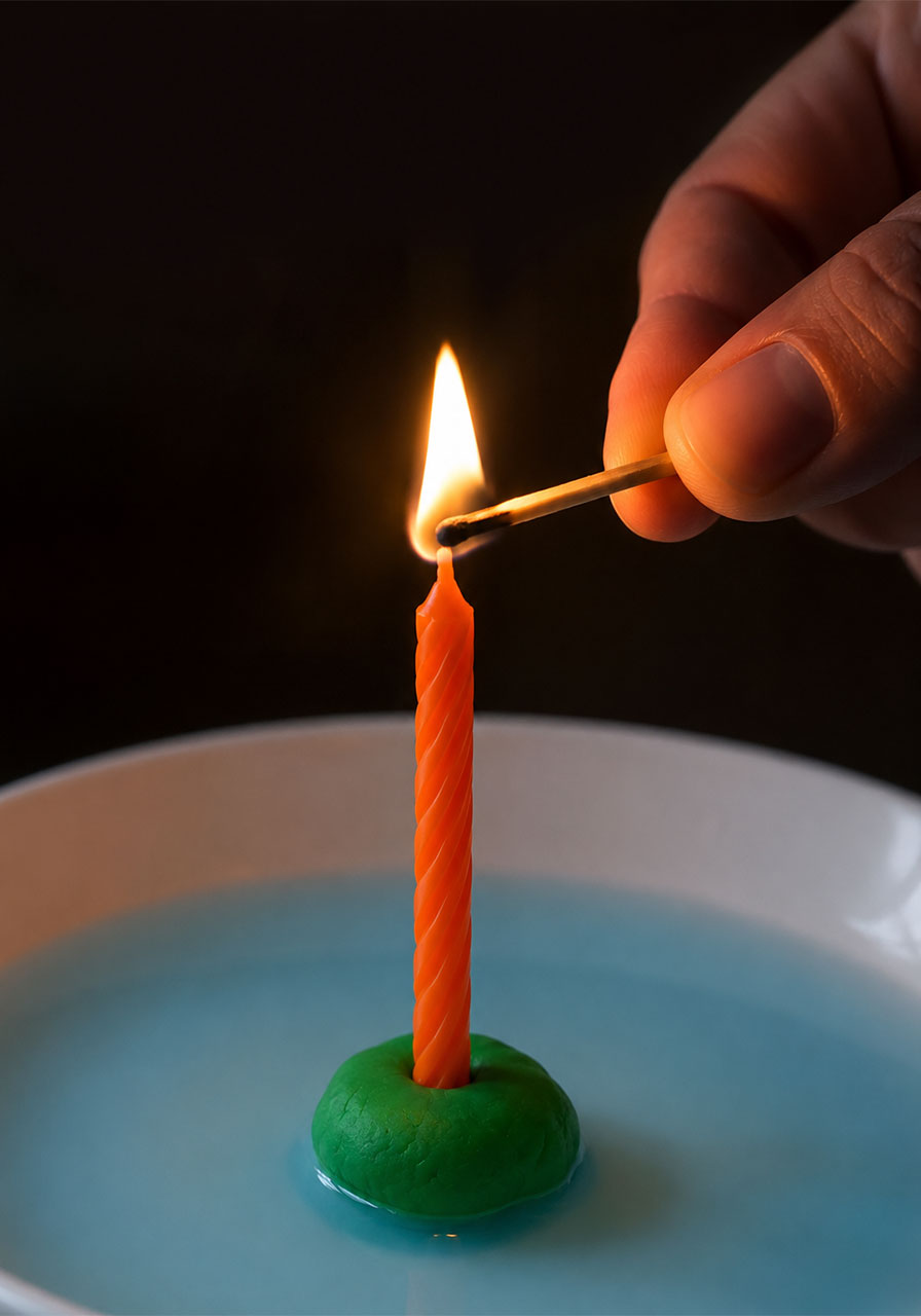 Lighting the candle before placing the glass over it for the water experiment