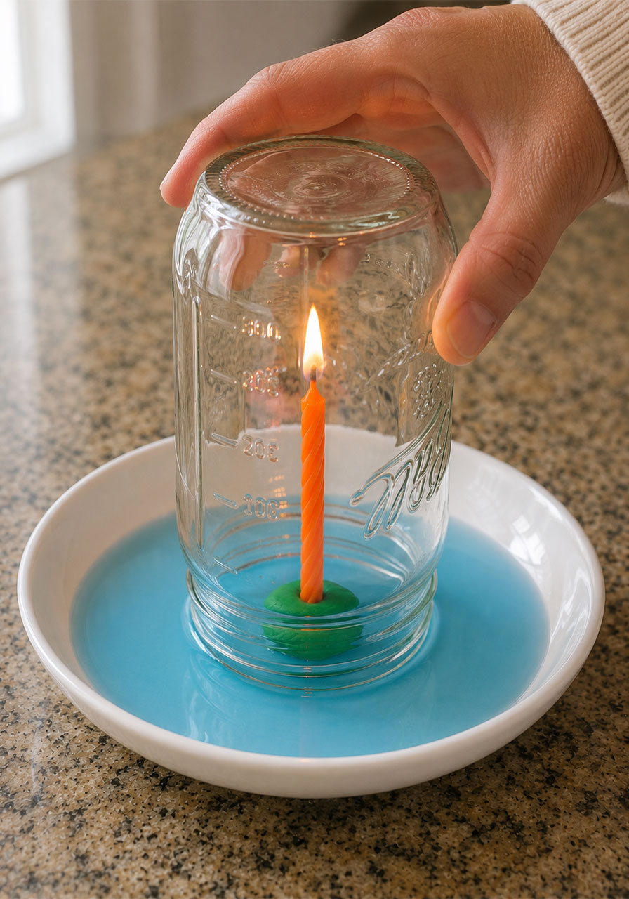Placing the glass upside down over the burning candle to start the experiment