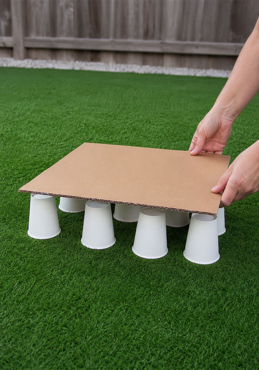 Cardboard platform being placed on top of spaced paper cups for the STEM experiment