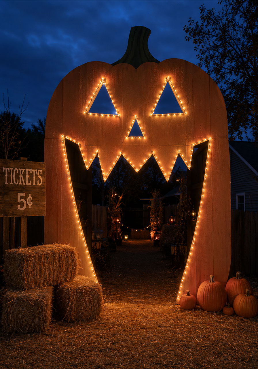 Illuminated carnival-style giant pumpkin archway entrance for Halloween