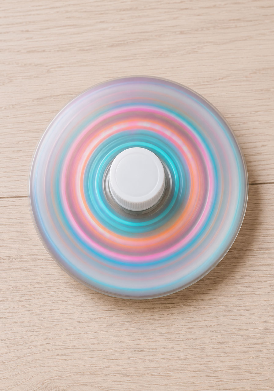 CD spinning top in motion showing colorful blurred rings, demonstrating kinetic energy and motion