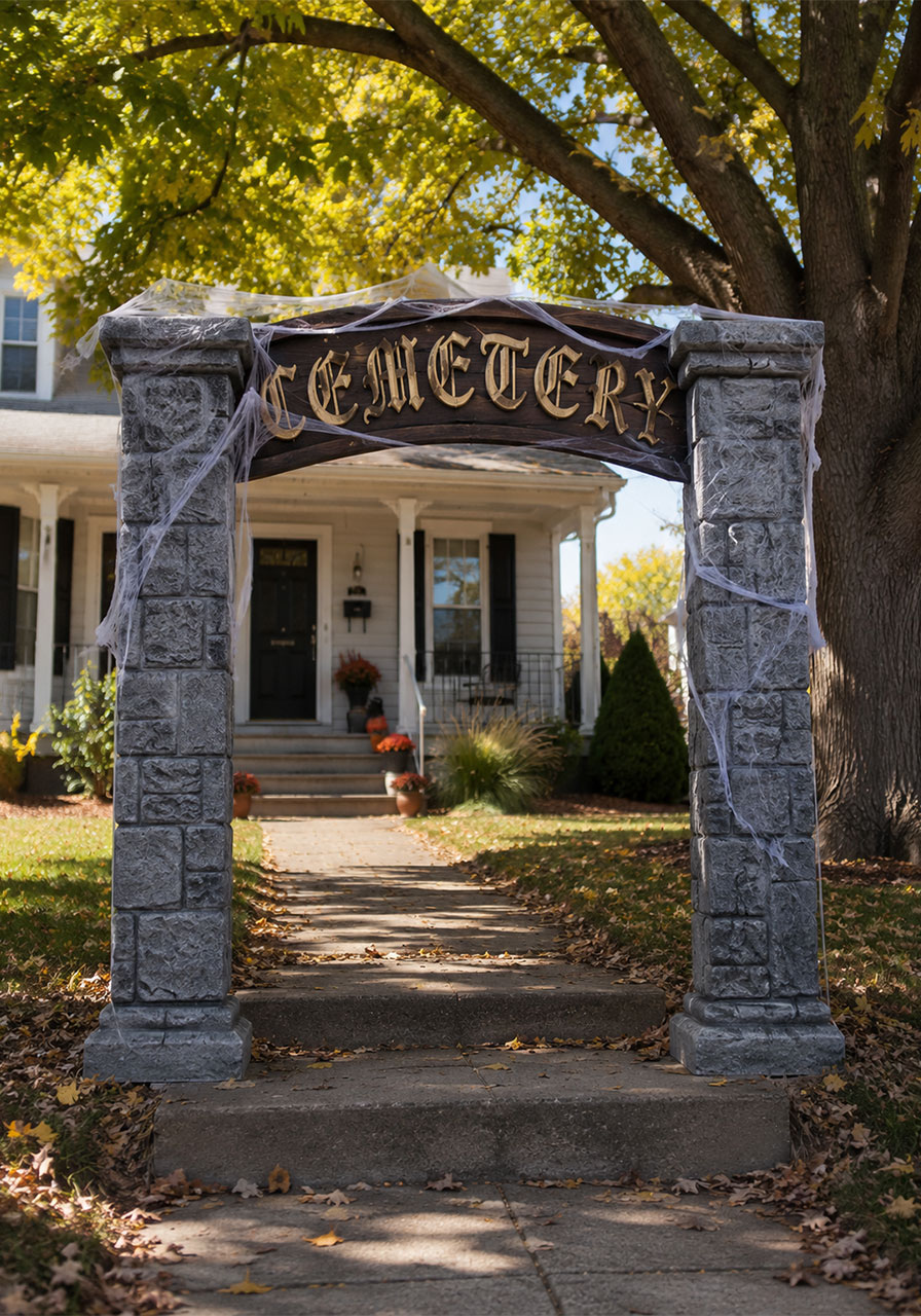 DIY cemetery gates Halloween archway with faux stone pillars