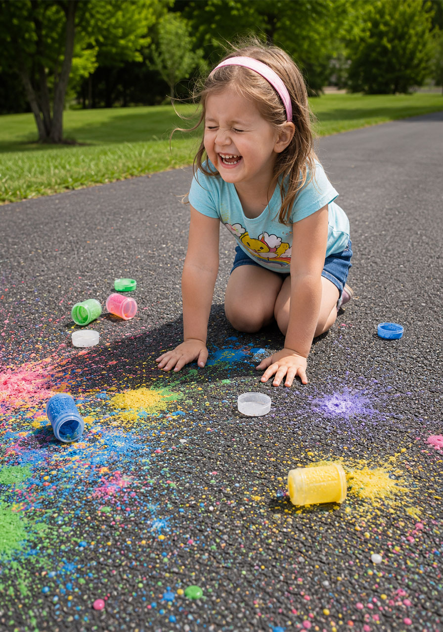 Little girl laughing and enjoying chalk rocket STEM activity outdoors