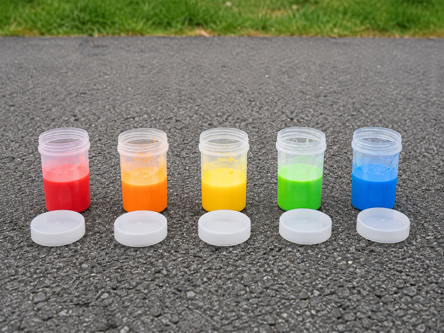 Rainbow colored chalk rocket canisters lined up ready to launch