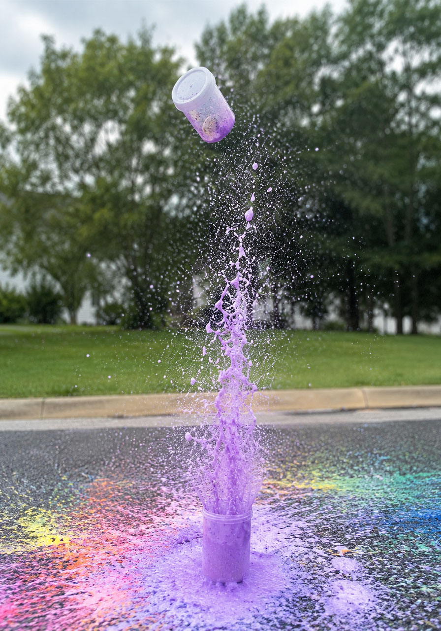 Chalk rocket launching into the air with purple color spray on driveway