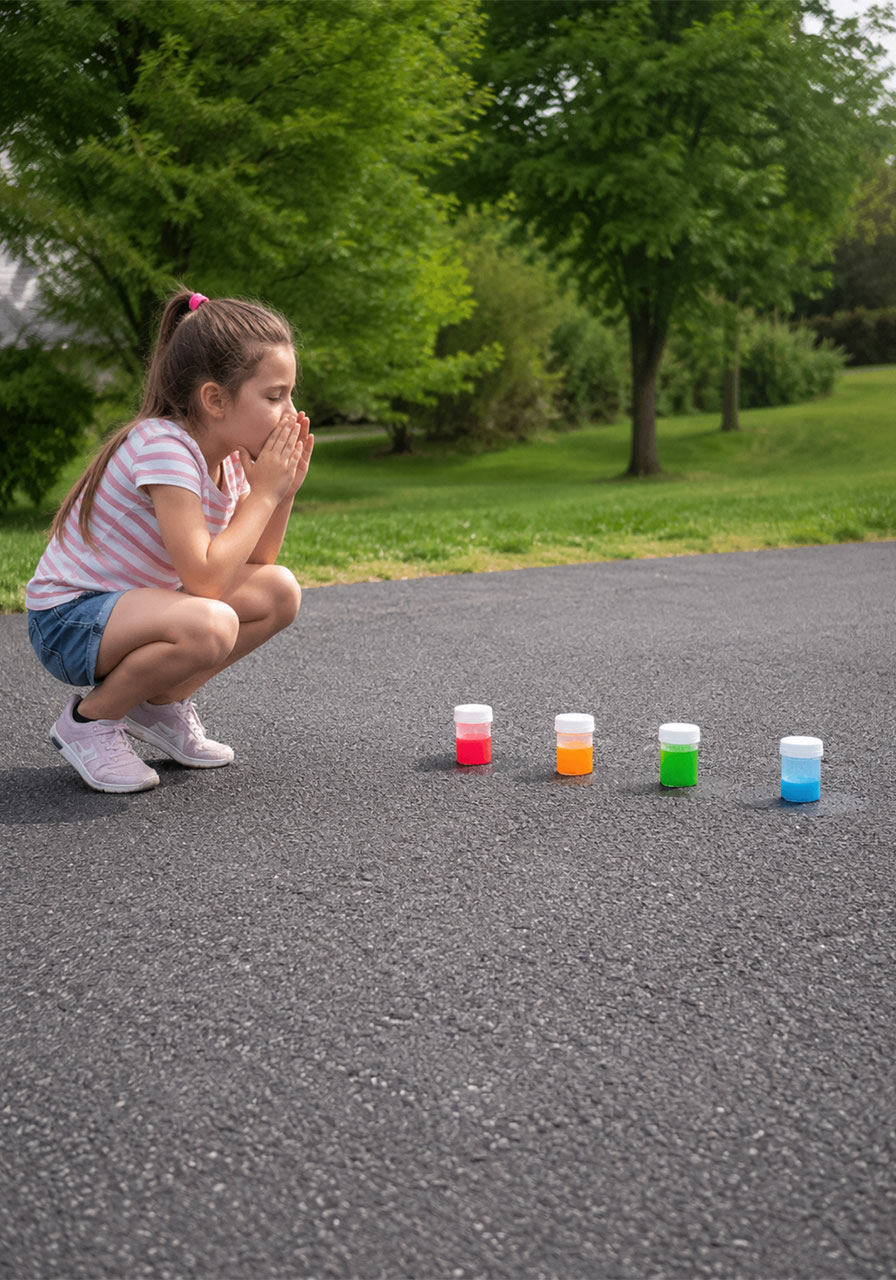 Child counting down before chalk rocket launch outdoors