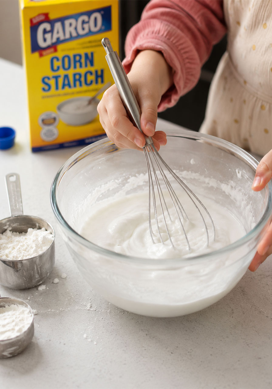 Child mixing cornstarch and water to make chalk rocket base