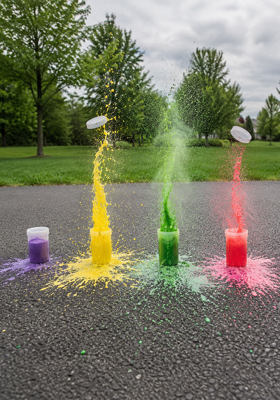 Several colorful chalk rockets launching in a row on driveway
