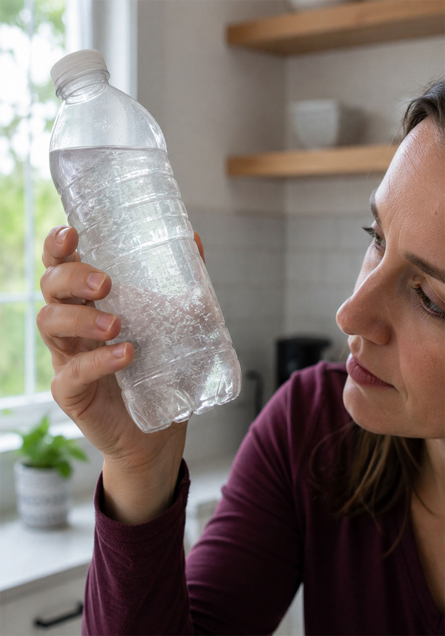 Close-up of ice crystals forming inside a supercooled water bottle before pouring