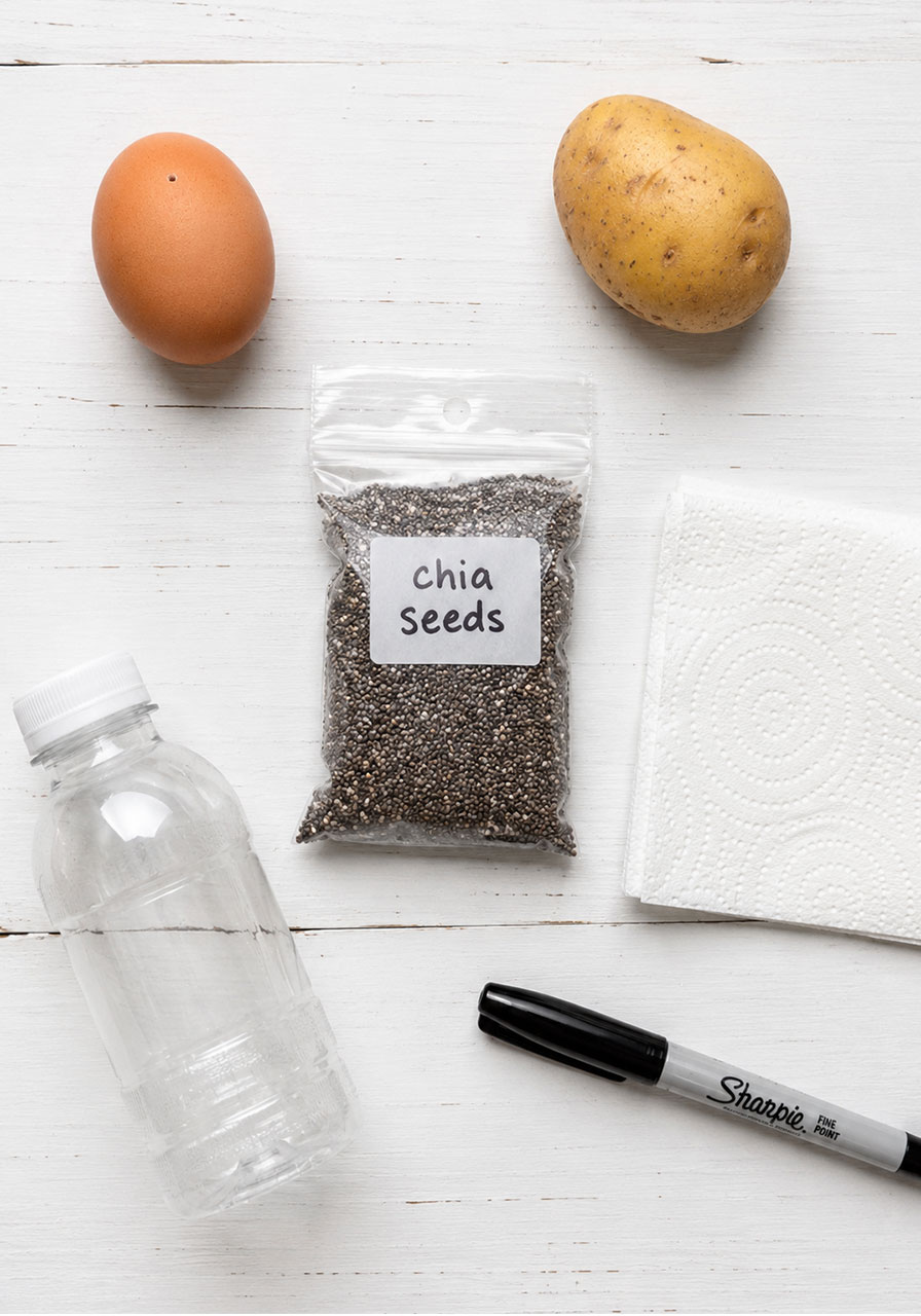 Materials needed for chia seed egg head STEM activity: egg, potato, chia seeds, paper towel