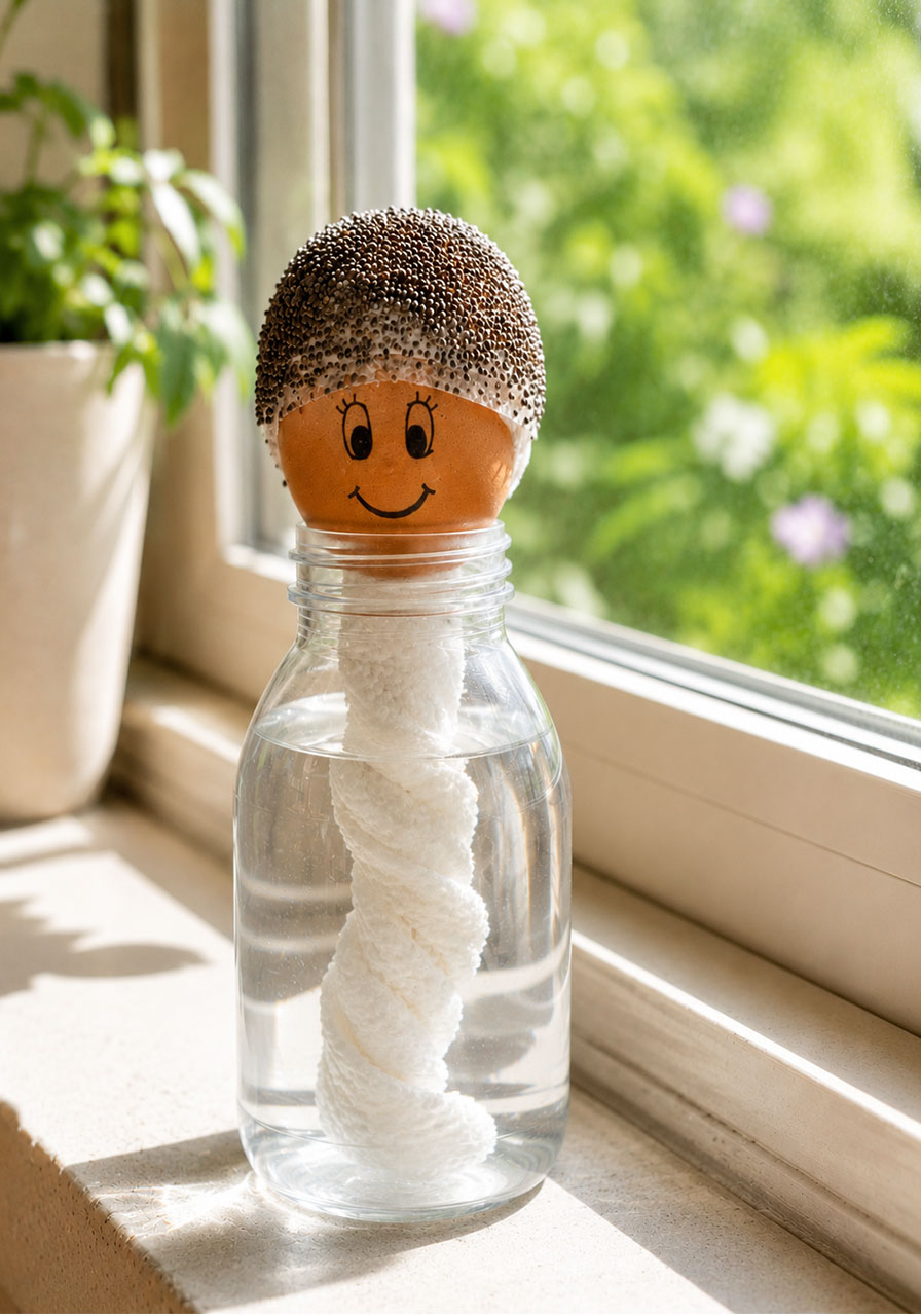 Finished chia seed egg head setup placed on a sunny windowsill